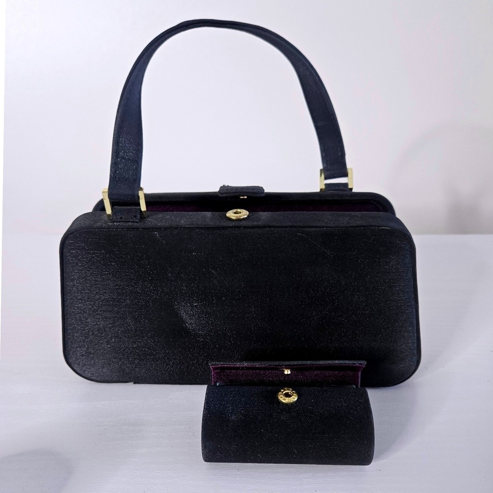 Vintage Bienen-Davis Black Corde Handbag & Matching Mirrored Lipstick Case 1950s